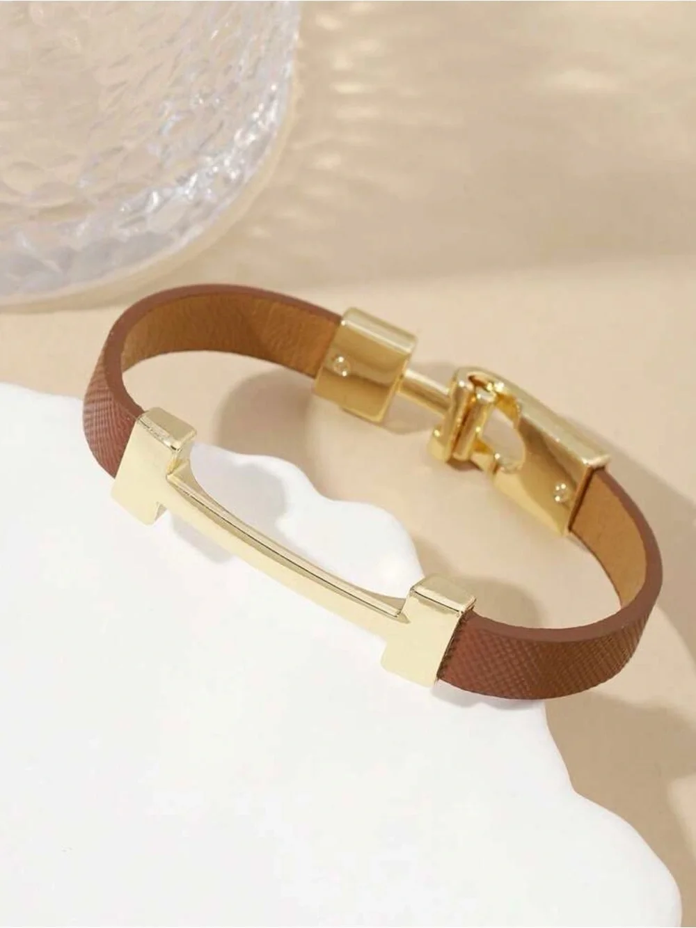 Gold-Tone Hardware Brown Leather Bracelet